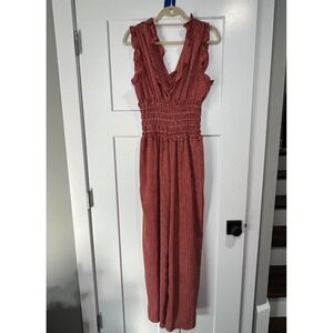 Max Studio Womens Rust Red Dotted Stripe Ruffle V-Neck Smocked Jumpsuit XL